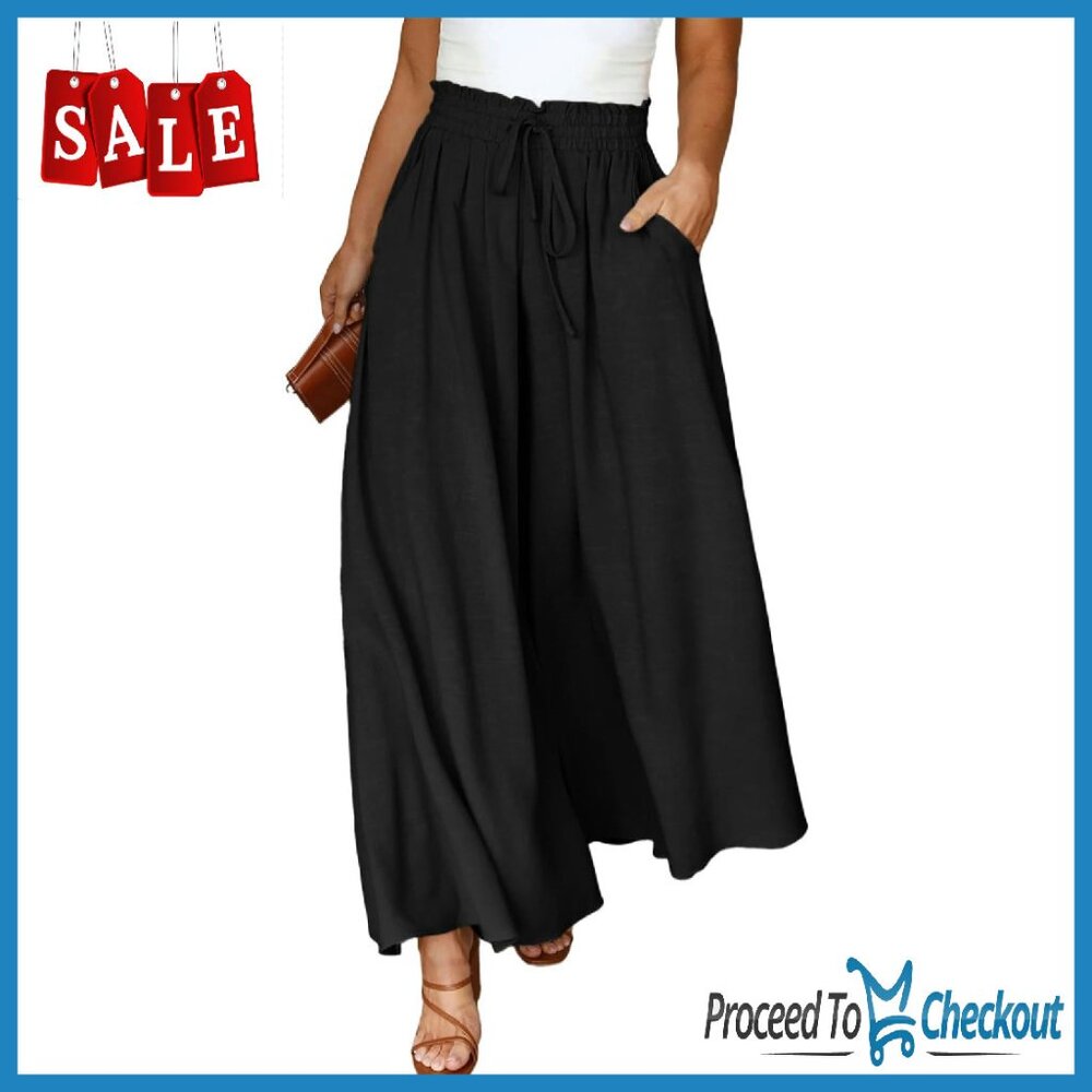 Plus Size Wide Leg Pants Elastic High Waist Flowy Palazzo With Pockets